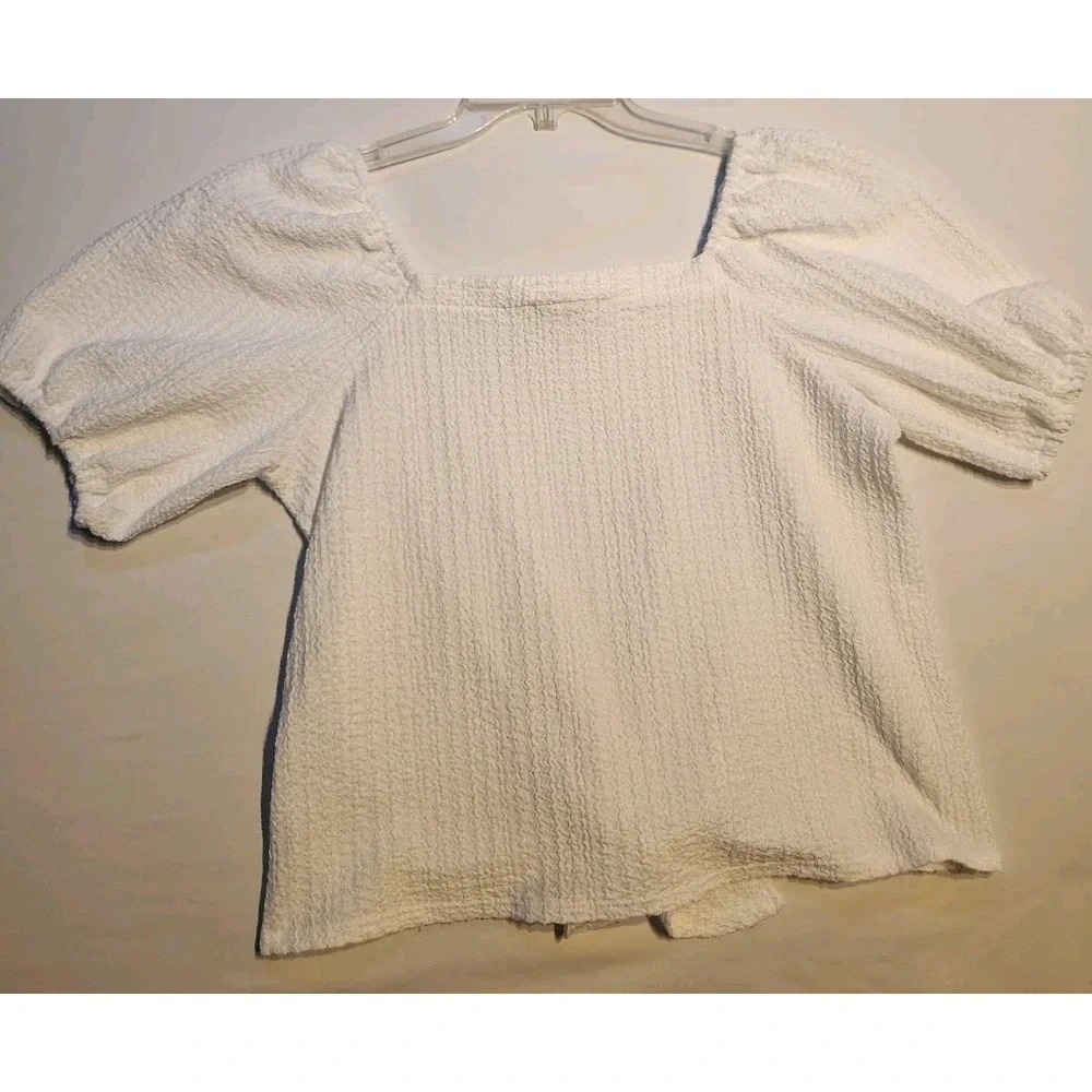 LOFT Women's Square Neck Tie Front White Puff Sleeve Top Size M